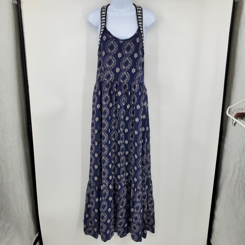 Abercrombie & Fitch Navy Blue Printed Tiered T-Back Maxi Dress Med Boho Cottage
